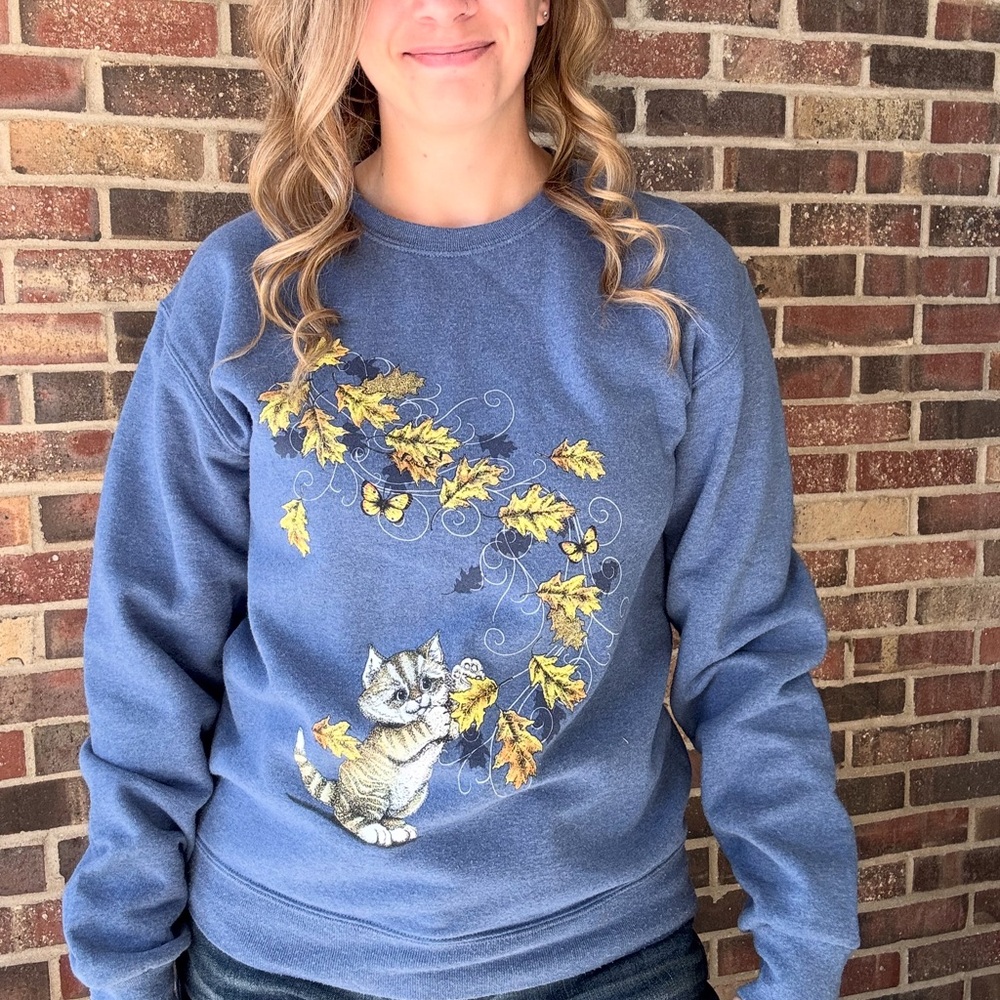 Blue Cat and Leaves Sweater